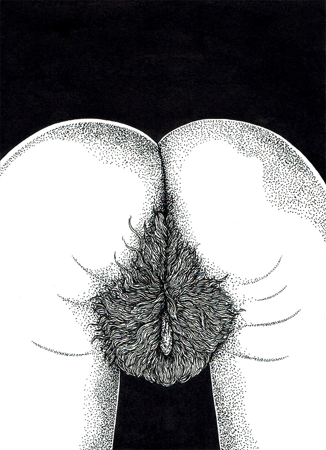 black and white drawing representing a hairy beast